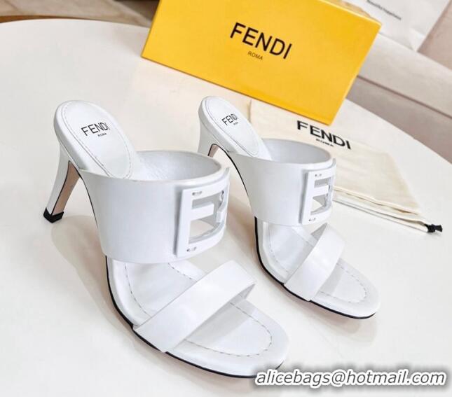 Lower Price Fendi Calfskin Signature High Heel Slide Sandals White 062195