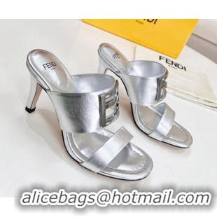 Durable Fendi Calfskin Signature High Heel Slide Sandals Silver 062196