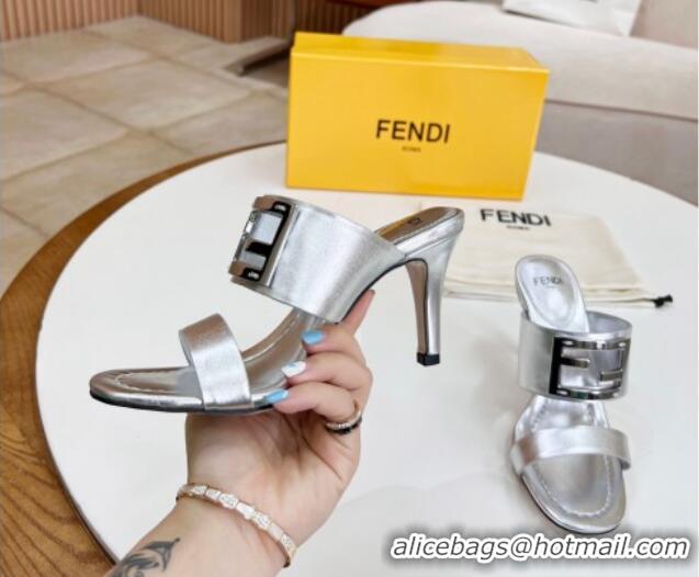 Durable Fendi Calfskin Signature High Heel Slide Sandals Silver 062196