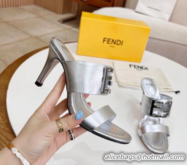 Durable Fendi Calfskin Signature High Heel Slide Sandals Silver 062196