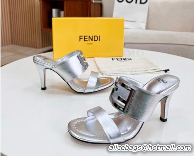 Durable Fendi Calfskin Signature High Heel Slide Sandals Silver 062196