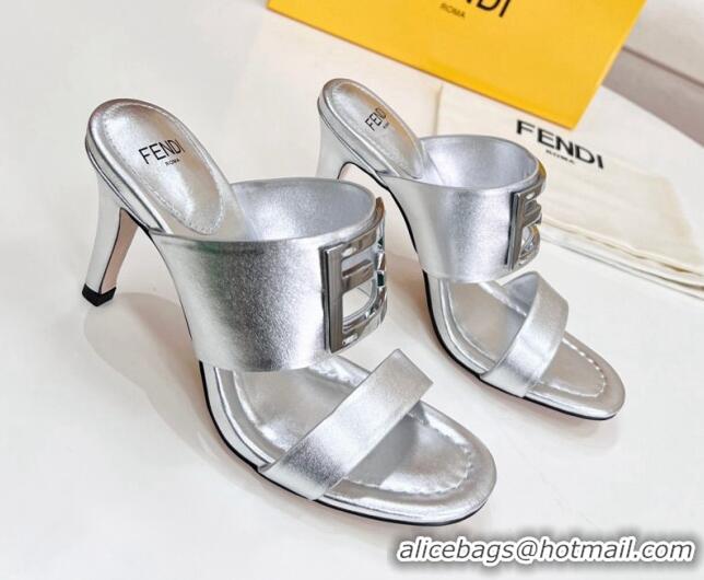 Durable Fendi Calfskin Signature High Heel Slide Sandals Silver 062196