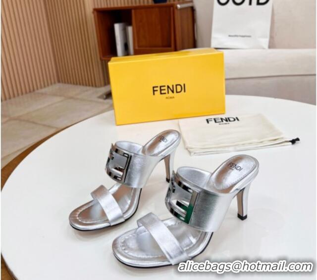 Durable Fendi Calfskin Signature High Heel Slide Sandals Silver 062196