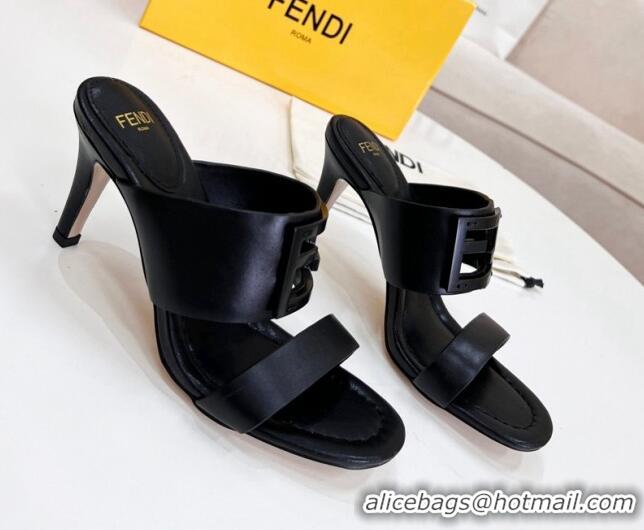 Trendy Design Fendi Calfskin Signature High Heel Slide Sandals Black 2062197