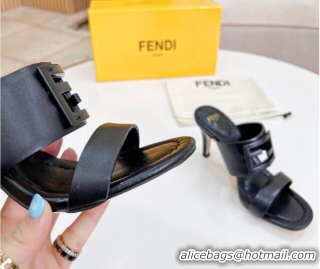 Trendy Design Fendi Calfskin Signature High Heel Slide Sandals Black 2062197