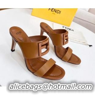 Low Price Fendi Calfskin Signature High Heel Slide Sandals Brown 2062199