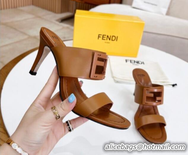 Low Price Fendi Calfskin Signature High Heel Slide Sandals Brown 2062199