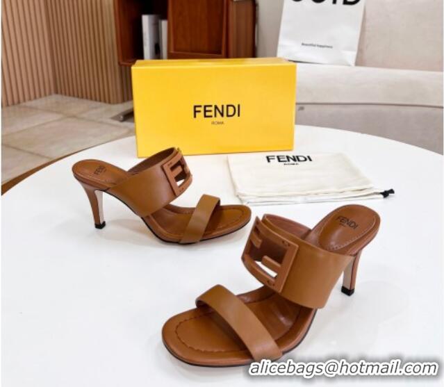 Low Price Fendi Calfskin Signature High Heel Slide Sandals Brown 2062199