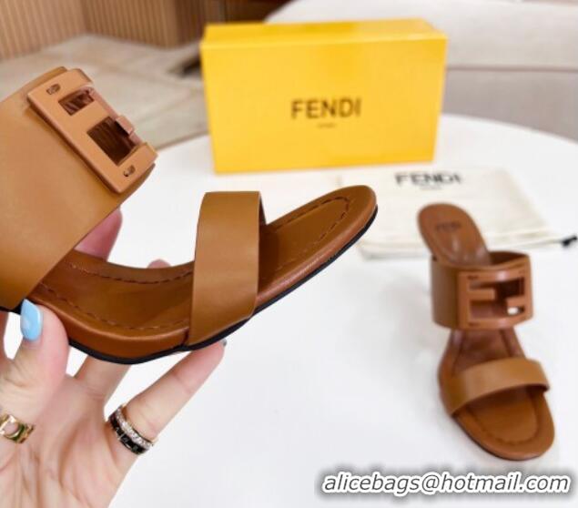 Low Price Fendi Calfskin Signature High Heel Slide Sandals Brown 2062199