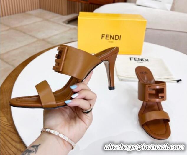 Low Price Fendi Calfskin Signature High Heel Slide Sandals Brown 2062199