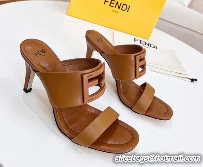 Low Price Fendi Calfskin Signature High Heel Slide Sandals Brown 2062199