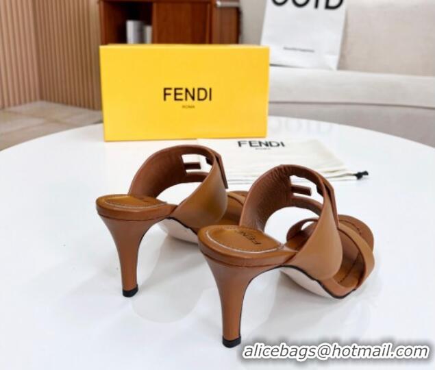 Low Price Fendi Calfskin Signature High Heel Slide Sandals Brown 2062199