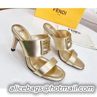 Best Grade Fendi Calfskin Signature High Heel Slide Sandals Gold 0621100