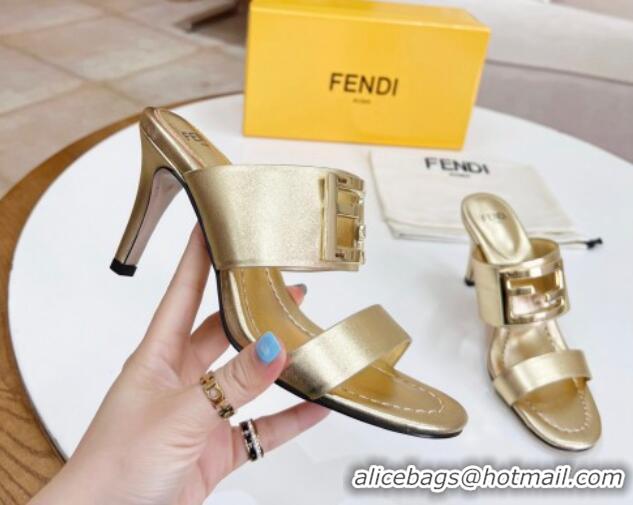 Best Grade Fendi Calfskin Signature High Heel Slide Sandals Gold 0621100