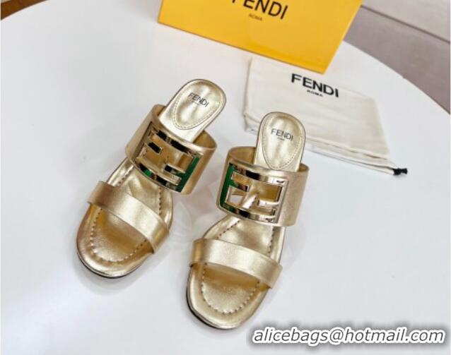 Best Grade Fendi Calfskin Signature High Heel Slide Sandals Gold 0621100