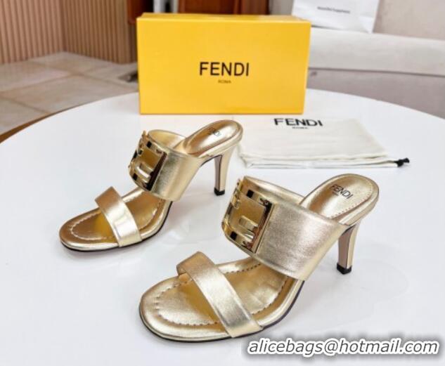 Best Grade Fendi Calfskin Signature High Heel Slide Sandals Gold 0621100