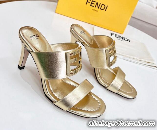 Best Grade Fendi Calfskin Signature High Heel Slide Sandals Gold 0621100