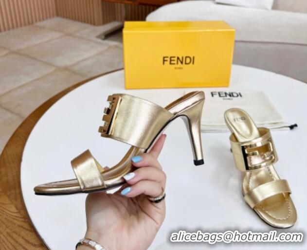 Best Grade Fendi Calfskin Signature High Heel Slide Sandals Gold 0621100