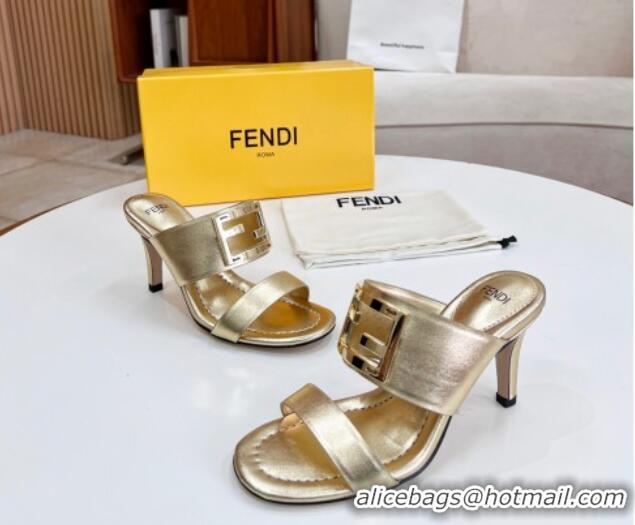 Best Grade Fendi Calfskin Signature High Heel Slide Sandals Gold 0621100