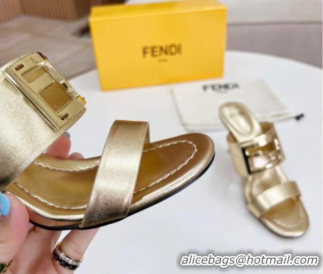 Best Grade Fendi Calfskin Signature High Heel Slide Sandals Gold 0621100