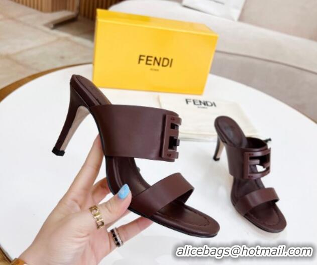 Good Quality Fendi Calfskin Signature High Heel Slide Sandals 0621101