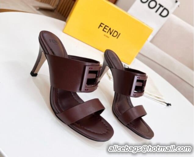 Good Quality Fendi Calfskin Signature High Heel Slide Sandals 0621101