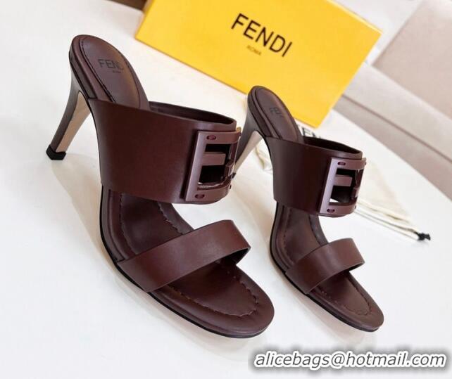 Good Quality Fendi Calfskin Signature High Heel Slide Sandals 0621101