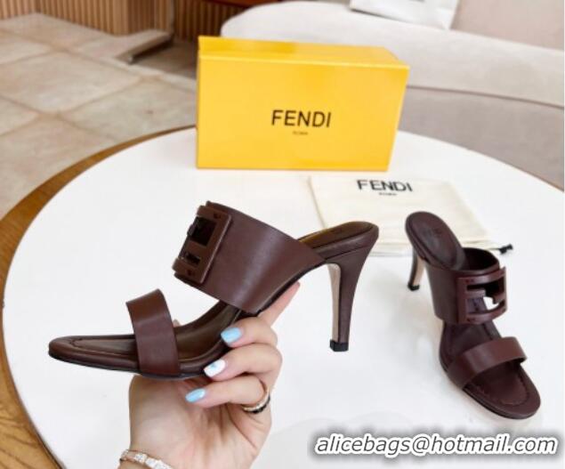 Good Quality Fendi Calfskin Signature High Heel Slide Sandals 0621101