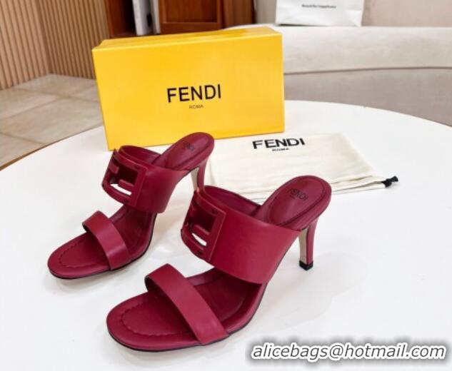 Classic Hot Fendi Calfskin Signature High Heel Slide Sandals Red 621102