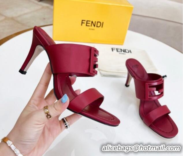 Classic Hot Fendi Calfskin Signature High Heel Slide Sandals Red 621102