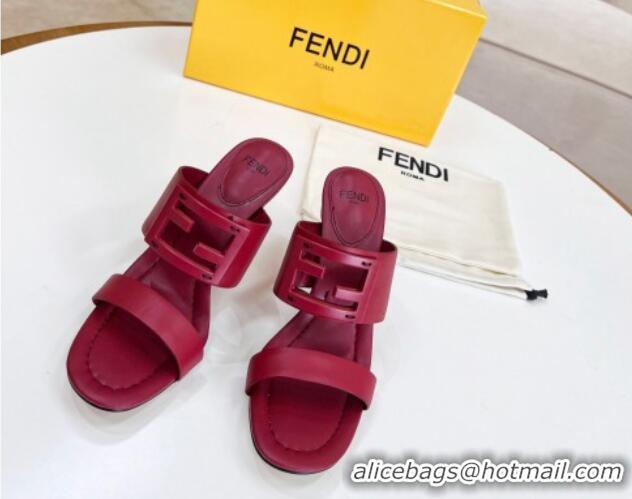 Classic Hot Fendi Calfskin Signature High Heel Slide Sandals Red 621102