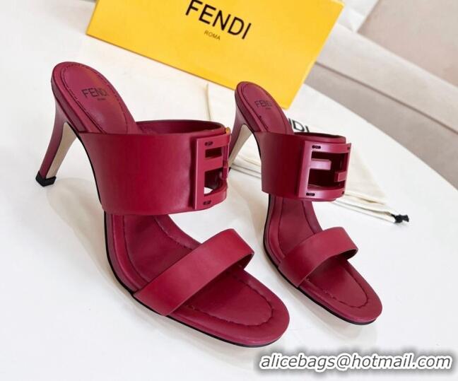 Classic Hot Fendi Calfskin Signature High Heel Slide Sandals Red 621102