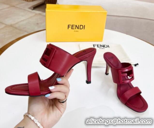 Classic Hot Fendi Calfskin Signature High Heel Slide Sandals Red 621102