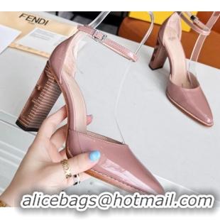 Stylish Fendi Shiny Leather High Heel Pumps with Ankle Strap Pink 621103