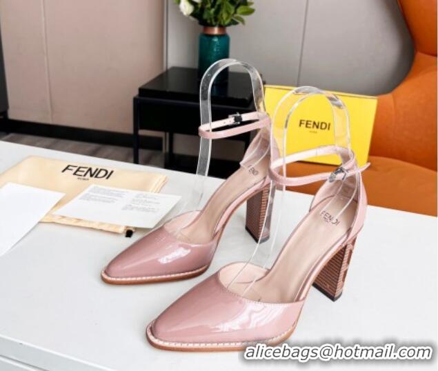 Stylish Fendi Shiny Leather High Heel Pumps with Ankle Strap Pink 621103