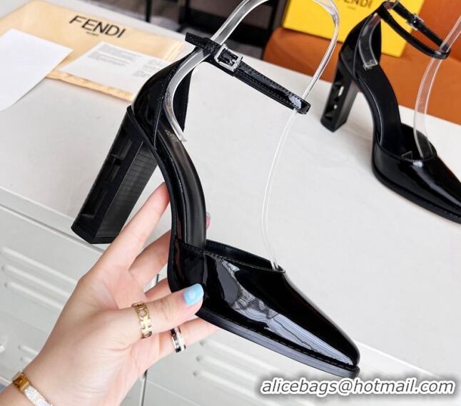 Perfect  Fendi Shiny Leather High Heel Pumps with Ankle Strap 621103 Black