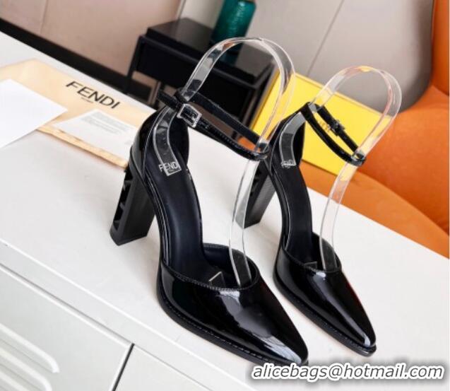 Perfect  Fendi Shiny Leather High Heel Pumps with Ankle Strap 621103 Black