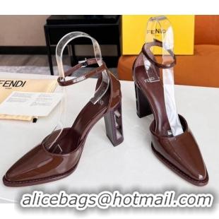 Pretty Style Fendi Shiny Leather High Heel Pumps with Ankle Strap 621103 Brown