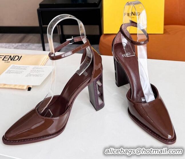 Pretty Style Fendi Shiny Leather High Heel Pumps with Ankle Strap 621103 Brown