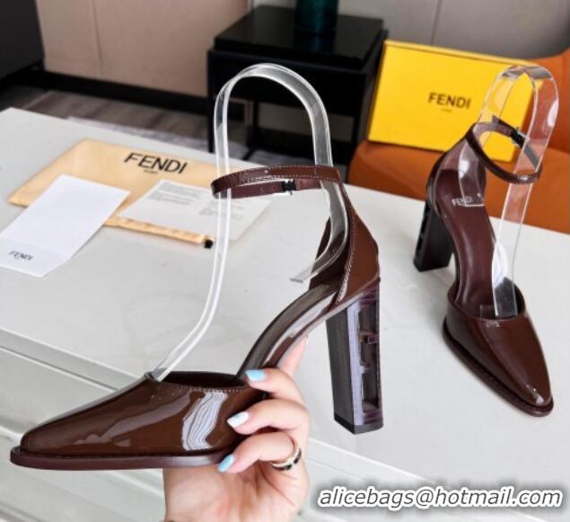 Pretty Style Fendi Shiny Leather High Heel Pumps with Ankle Strap 621103 Brown