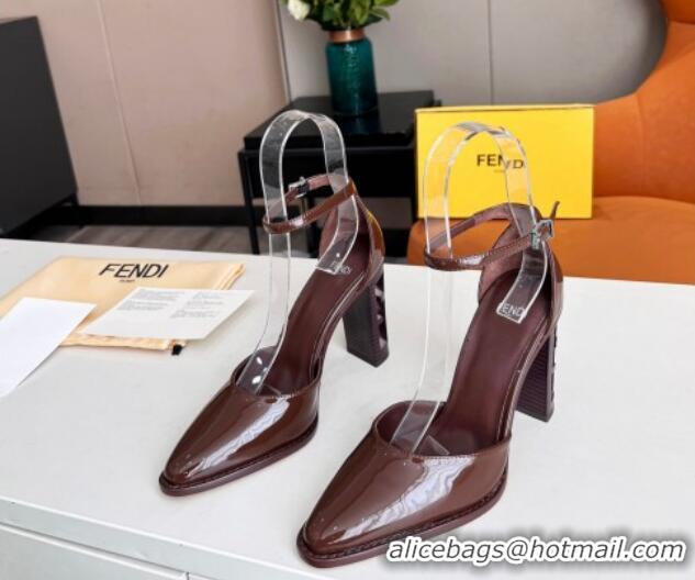 Pretty Style Fendi Shiny Leather High Heel Pumps with Ankle Strap 621103 Brown