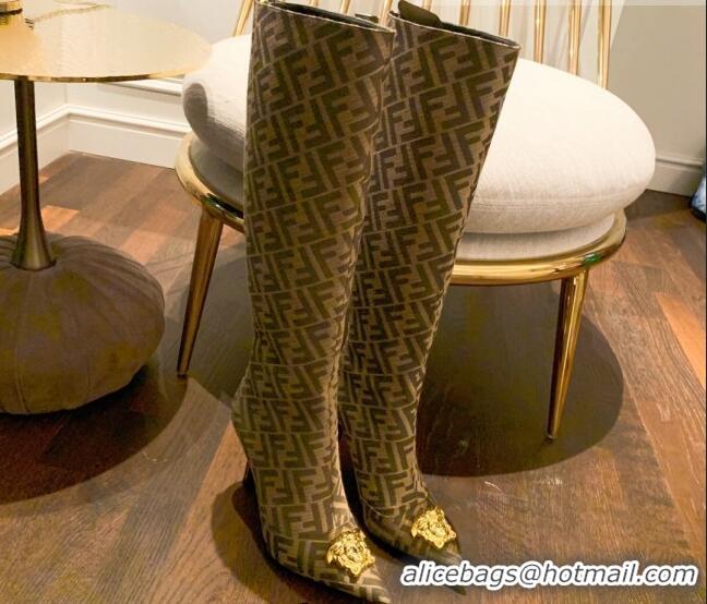 Pretty Style Versace x Fendi Fendace FF Canvas Over-High Boots 10.5cm Brown 070226