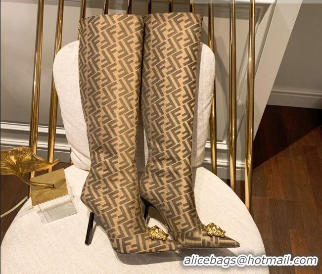 Pretty Style Versace x Fendi Fendace FF Canvas Over-High Boots 10.5cm Brown 070226