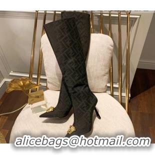 Best Grade Versace x Fendi Fendace FF Canvas Knee-High Boots 10.5cm Black 070227