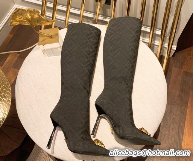 Best Grade Versace x Fendi Fendace FF Canvas Knee-High Boots 10.5cm Black 070227