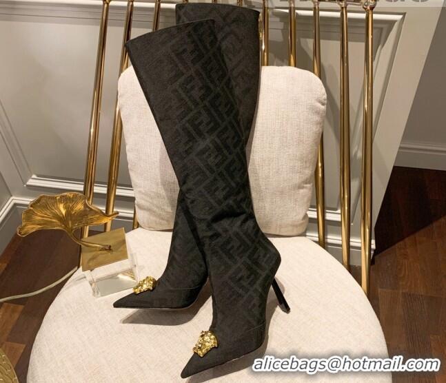 Best Grade Versace x Fendi Fendace FF Canvas Knee-High Boots 10.5cm Black 070227