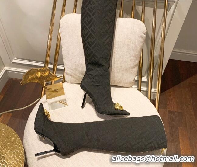 Best Grade Versace x Fendi Fendace FF Canvas Knee-High Boots 10.5cm Black 070227