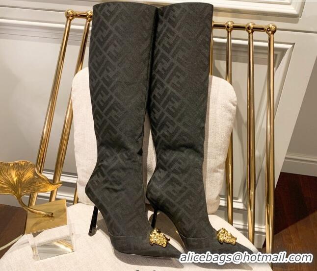 Best Grade Versace x Fendi Fendace FF Canvas Knee-High Boots 10.5cm Black 070227