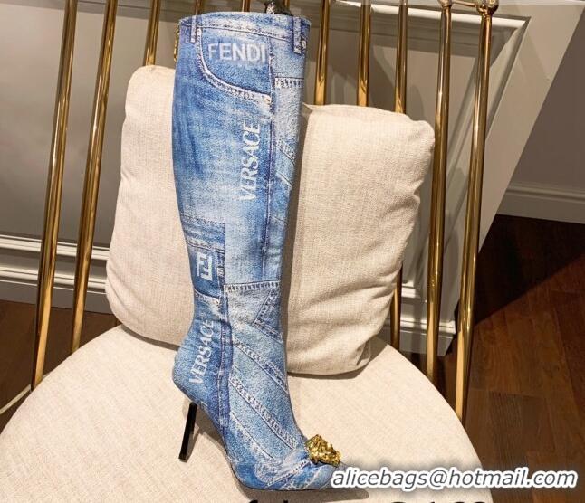 Top Grade Versace x Fendi Fendace Denim Knee-High Boots 10.5cm Blue 070228