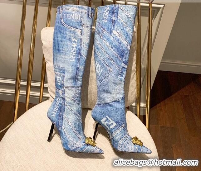 Top Grade Versace x Fendi Fendace Denim Knee-High Boots 10.5cm Blue 070228